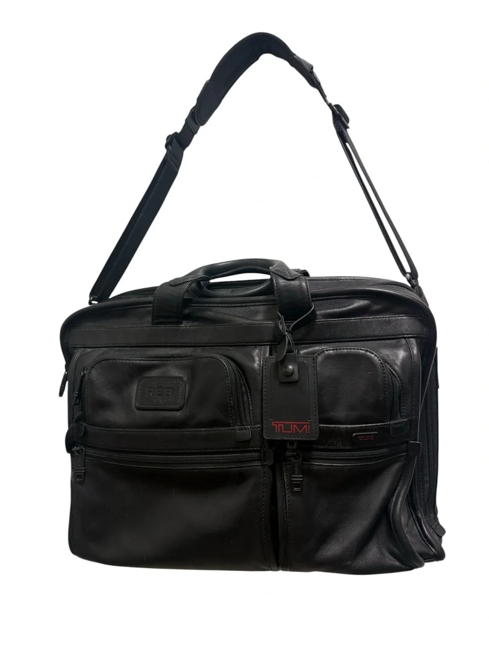 Tumi Black Leather Laptop Briefcase with Shoulder Strap